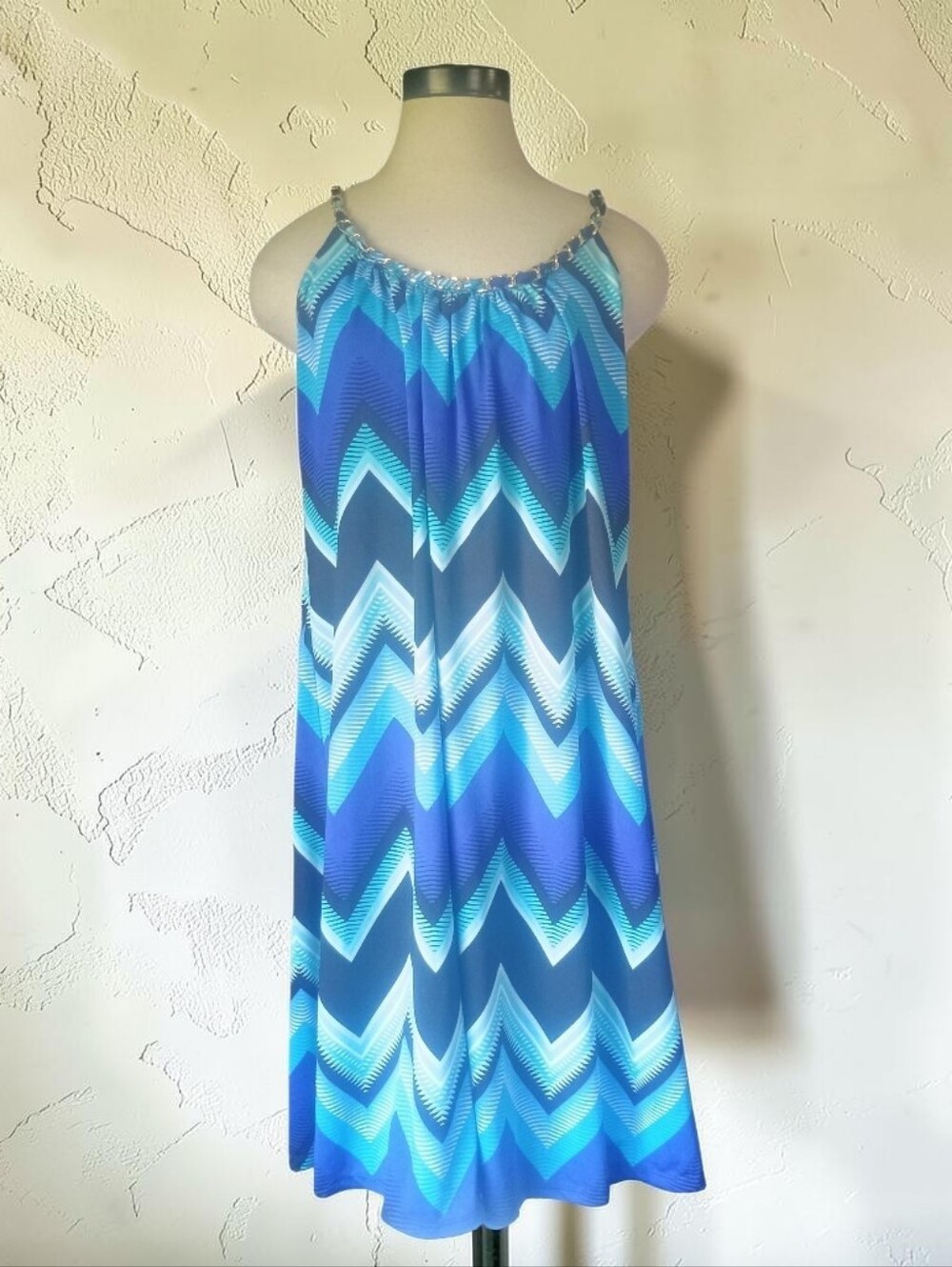 Women's Summer Blue Chevron Print Chain Strap Shift Sundress Stretch